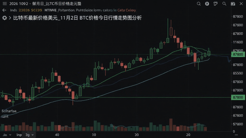 一幅展示2026年11月2日比特币最新价格美元走势的K线图,图中标注了价格87800美元、支撑位和压力位,整体风格近似交易所实盘截图,关键词包含“比特币最新价格美元_11月2日BTC价格今日行情走势图分析”