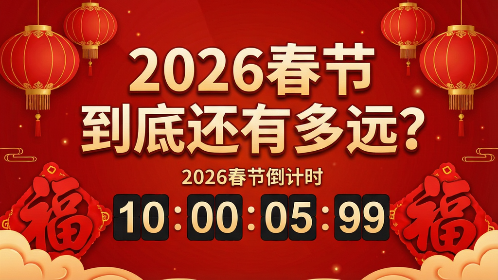 一张喜庆的2026春节倒计时海报,中间醒目大标题“2026春节到底还有多远?”,下方显示实时倒计时天数,点缀红灯笼和福字,背景红色渐变。