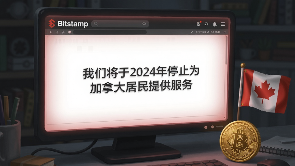 Bitstamp交易所退出加拿大市场,一幅写实数字插画,电脑屏幕显示Bitstamp官网公告,文字“我们将于2024年停止为加拿大居民提供服务”,屏幕泛红光,旁边有加拿大枫叶小旗和一枚金色比特币,气氛凝重。