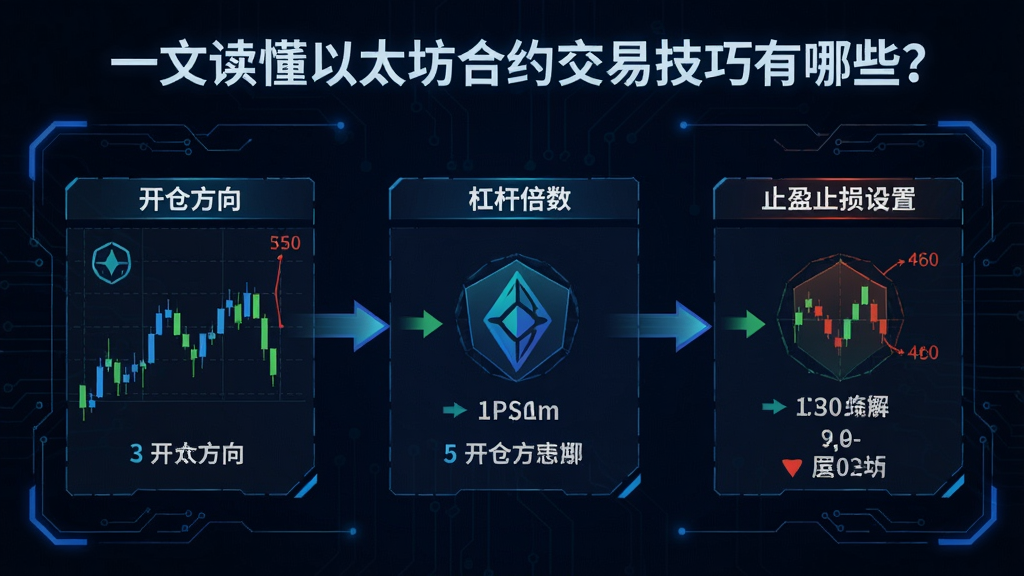 以太坊合约交易技巧核心要点图解,包含开仓方向、杠杆倍数、止盈止损设置,图上标注“一文读懂以太坊合约交易技巧有哪些?”,图片风格为科技感图表