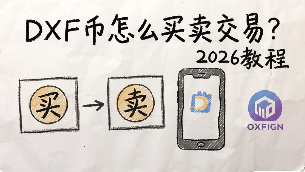 手绘风格的DXF币买卖交易流程图,一张纸上有“买”和“卖”两个步骤,旁边放着手机和交易所logo,配上文字“DXF币怎么买卖交易?2026教程”