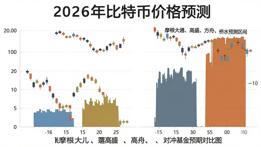 2026年比特币价格预测主要银行与对冲基金预期对比图,核心关键词“2026年比特币价格预测”,概括整篇文章全部内容,图中文字注明“摩根大通、高盛、方舟、桥水预测区间”