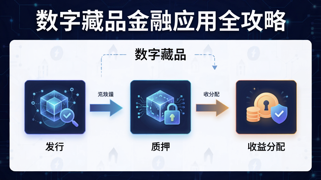 一张图解“数字藏品”在金融应用中的流转示意图,展示从发行、质押到收益分配的全流程,带有“数字藏品金融应用全攻略”标题
