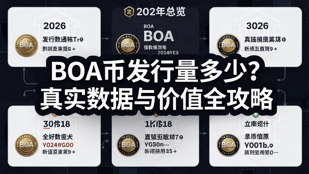 一张清晰的2026年BOA币总览信息图,中央粗体大字写“BOA币发行量多少?真实数据与价值全攻略”,概括全部内容