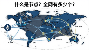 以太坊节点网络连接示意图,展示以太坊节点概念与全球数量分布,文字:“什么是节点?全网有多少个?”