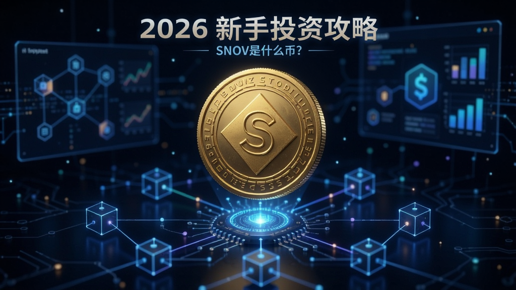 一枚带有SNOV代币符号的金色硬币漂浮在区块链网络节点上,背景是2026年新手投资攻略氛围,关键词:SNOV是什么币?概括整篇文章全部内容