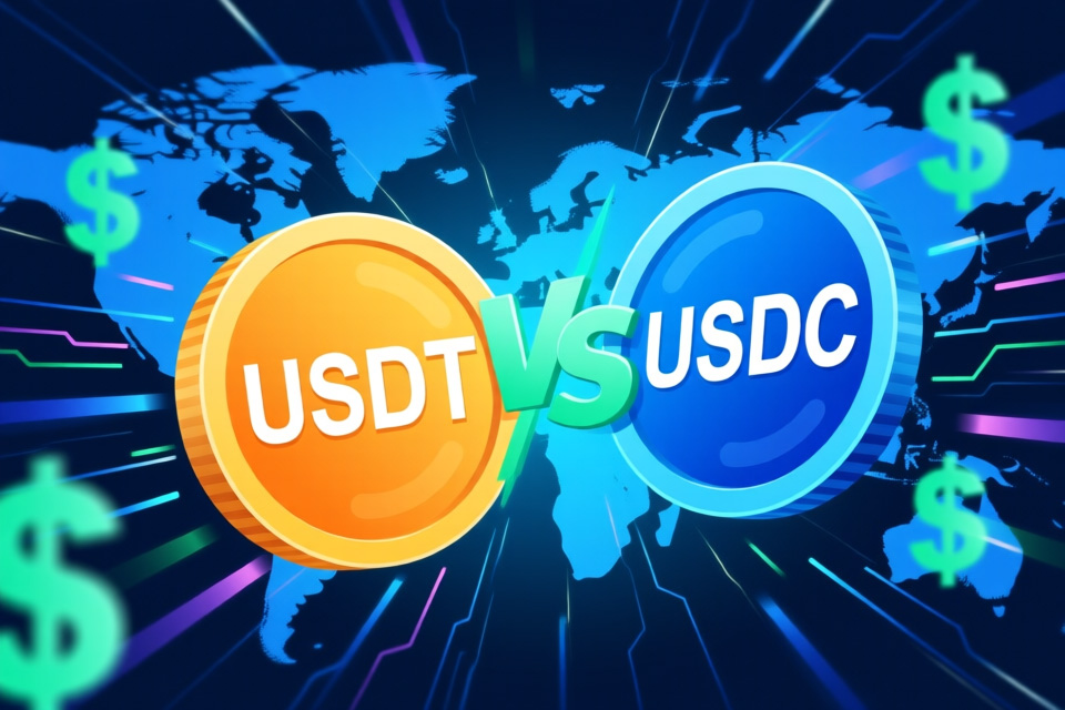 MiCA法规与USDT、USDC等稳定币概念图,包含欧盟旗帜与加密货币符号,MiCA恐大规模封杀稳定币