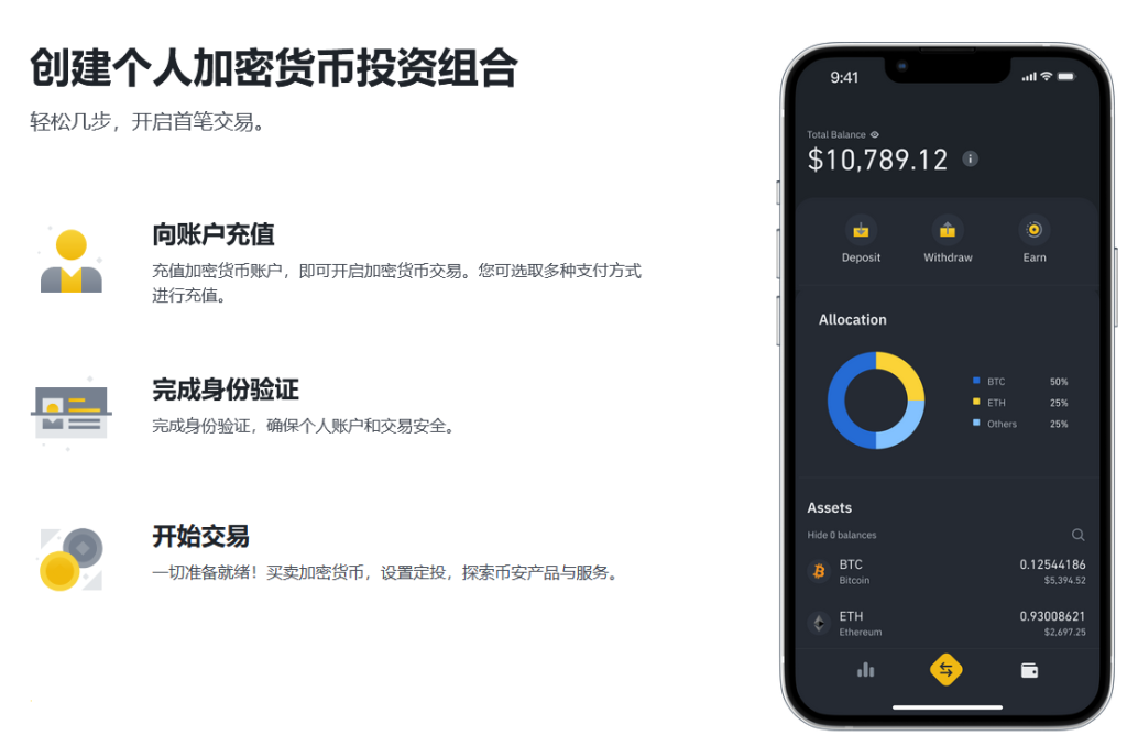 Binance.US交易平台界面流畅运行,资产安全图标