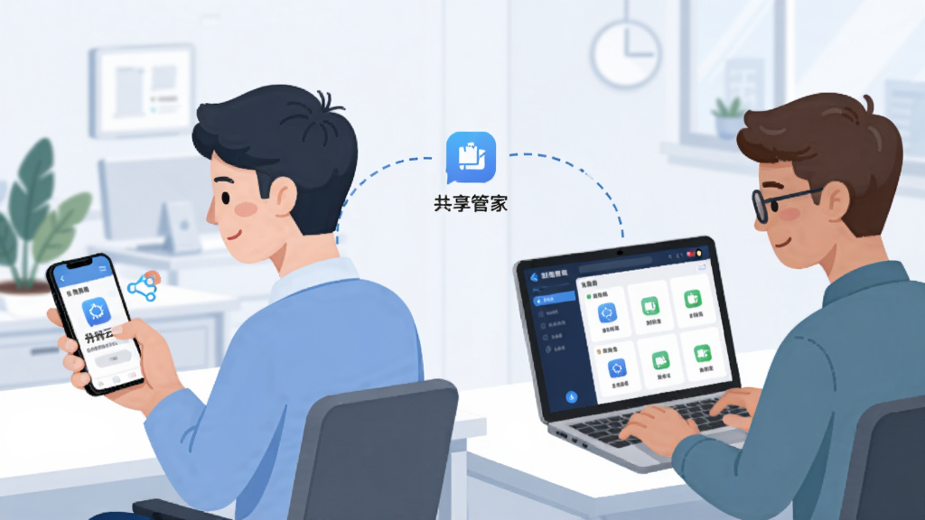 画面主体为三名不同岗位的员工在办公室内分别使用手机与电脑操作“舟谱云管家”,中间用虚线连接显示数据同步概念,布局三人分布三角构图,排版简洁,风格现代扁平,细节展示各自界面与共享图标,画质干净,无多余元素