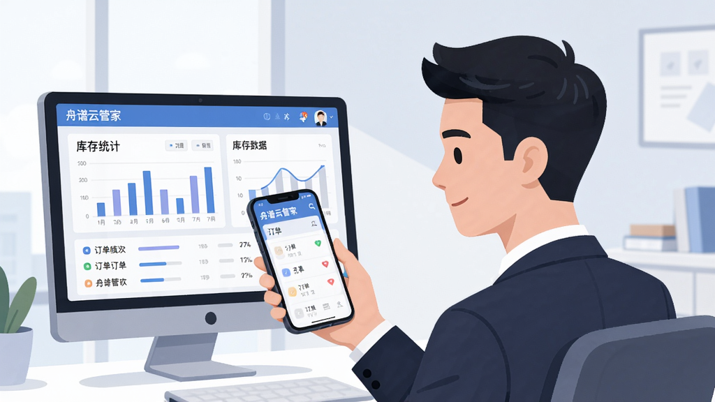 画面主体为一间明亮的现代办公室,一位穿着商务装的年轻老板正拿着手机查看“舟谱云管家”的销售数据看板,背景电脑屏幕上显示库存统计图表,整体布局清晰,排版简洁,采用扁平化插画风格,细节包含手机界面中的柱状图与订单列表,画质高清干净,无多余元素