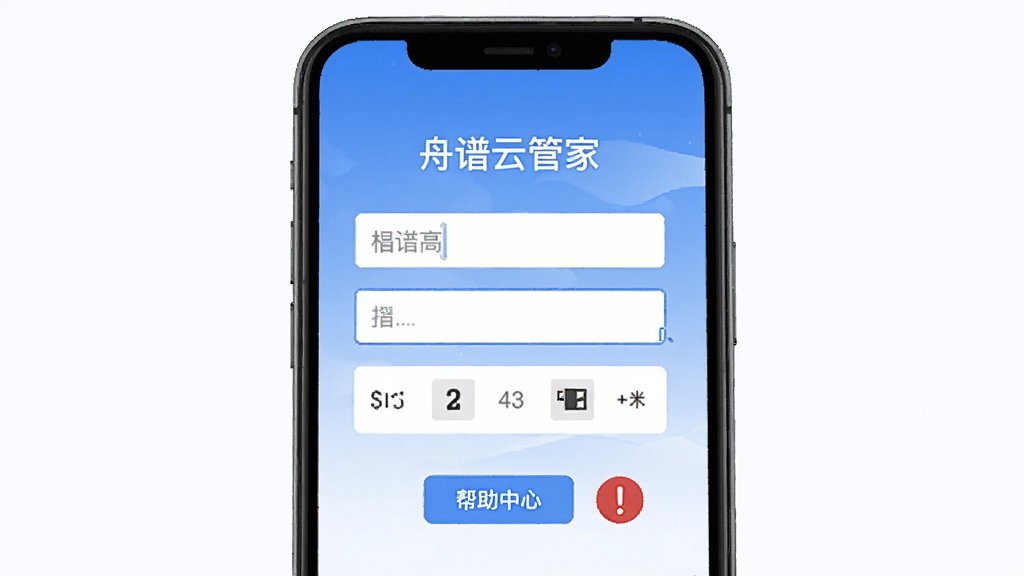 画面主体为一部智能手机屏幕显示“舟谱云管家”的登录界面,下方有“帮助中心”按钮,旁边有一个红色感叹号图标提示问题,布局居中,排版简洁,风格写实,细节包含输入框与验证码,画质清晰,无多余元素
