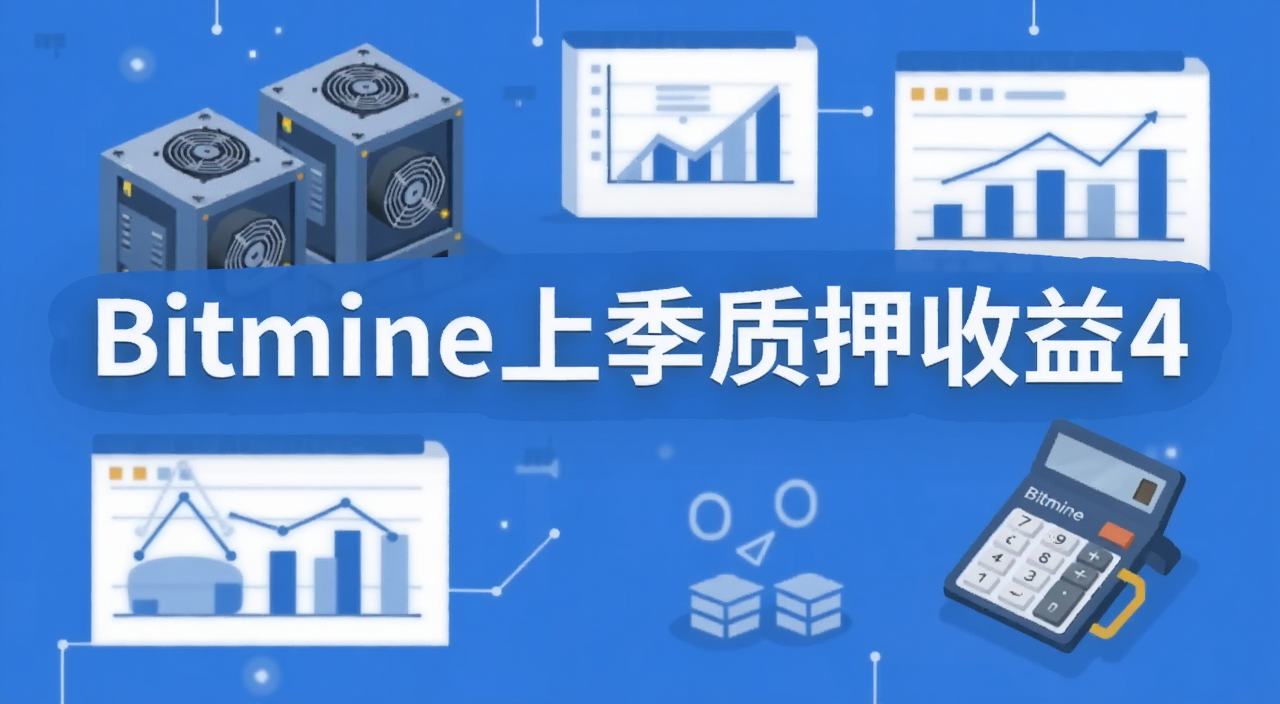 Bitmine上季质押收益4计算教程概念图,用“Bitmine上季质押收益4”作为画面核心文字,配以矿机、数据图表和计算器元素,扁平化风格,主色调蓝白,清晰直观