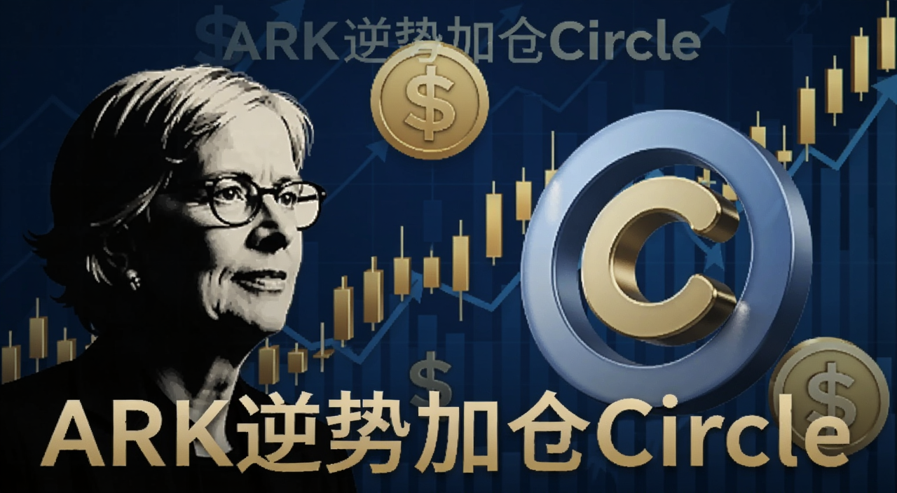 用“ARK逆势加仓Circle”为核心创作一幅财经新闻风格配图,画面左侧是Cathie Wood的人像剪影,右侧是Circle公司的3D标志,背景是上升的K线图和代表稳定币的“USD”符号,整体色调为深蓝与金色,突出“逆势”与“看好”的氛围