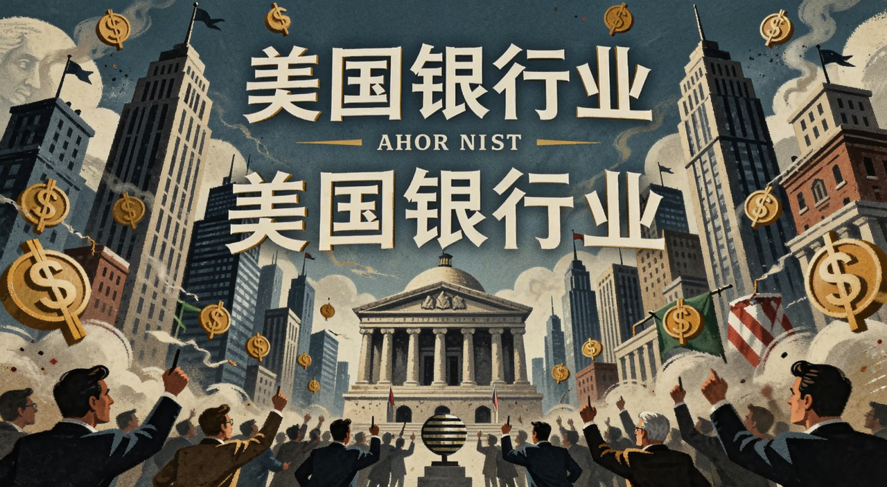 美国银行业发起史上最大协同反击的宏大金融场景,带有“美国银行业”核心关键字,高楼大厦与货币符号交织的插画风格