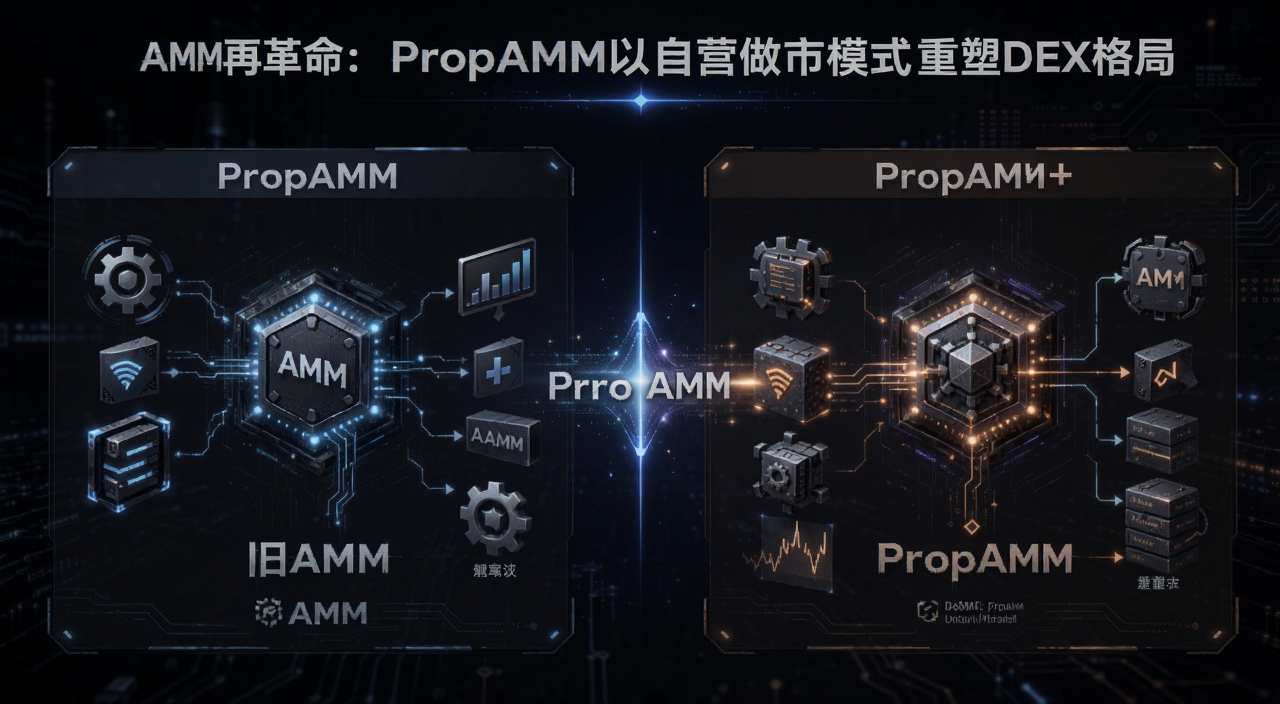 �á�AMM�ٸ�����PropAMM����Ӫ����ģʽ����DEX��֡����Ĺؼ�������һ�Ÿ���ͼ��չʾ��AMM����PropAMM�ĶԱȣ����Ƽ��У�����PropAMM������