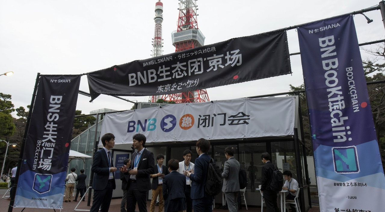 日本RWA稳定币BNB生态闭门会东京场, 会场外景, 东京塔背景, 区块链主题横幅, 参会者交流场景