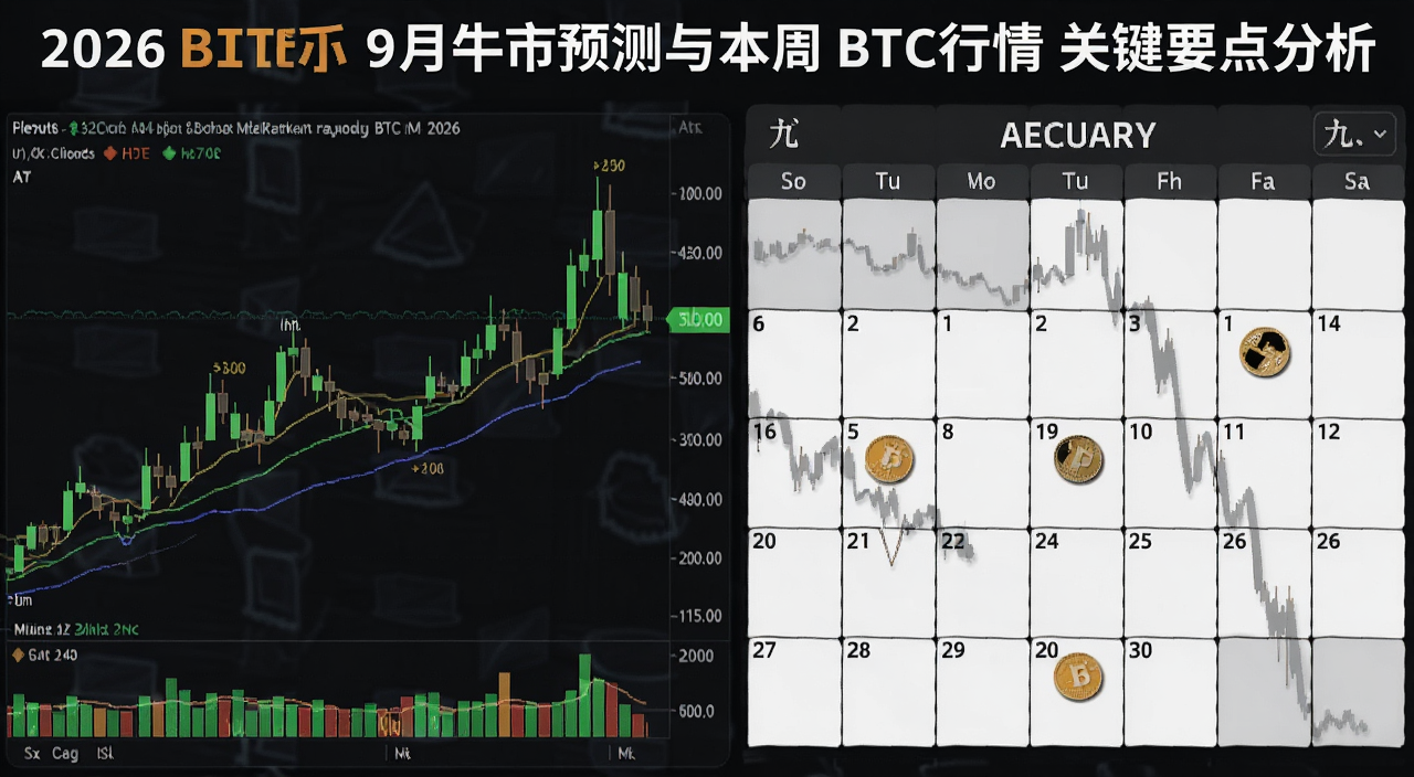 2026比特币9月牛市预测与本周BTC行情关键要点分析图,包含比特币K线图与九月日历标记