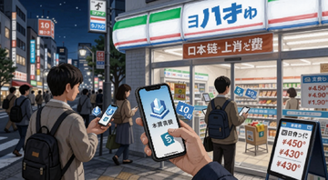 日本进入链上消费时代购物支付场景插画,描述人们在东京街头使用手机进行链上支付购物,画面包含便利店和电子价签,核心关键字为日本进入链上消费时代