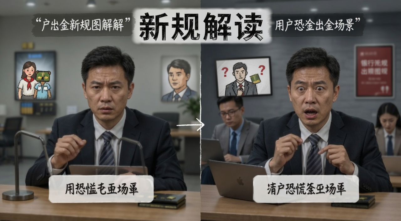 银行出金新规图解,用户恐慌出金场景,风格写实,带文字说明