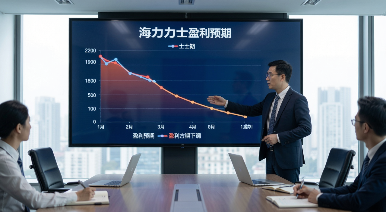 半导体行业分析师正在讨论海力士财报数据,会议室大屏幕显示盈利预期下调曲线图,请用“海力士盈利预期”为核心关键词生成财经商务场景配图