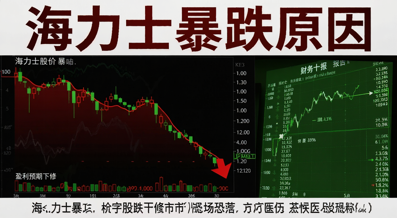 海力士股价暴跌k线图,盈利预期下修引发市场恐慌,红色下跌曲线与绿色财务数据报告形成强烈视觉冲击,请用“海力士暴跌原因”为核心关键词生成写实财经新闻配图