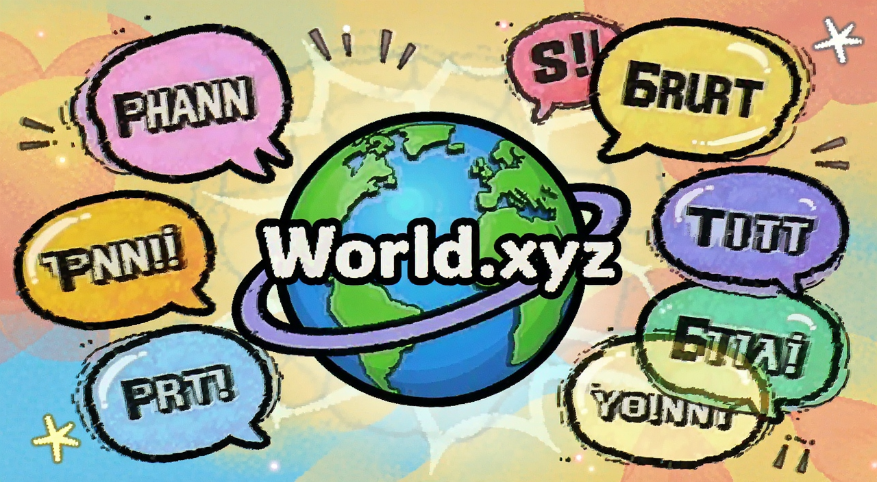 World.xyz 玩梗出圈, 一个充满科技感的地球图标旁边飘着各种网络流行语气泡, 风格搞笑卡通, 色彩鲜艳