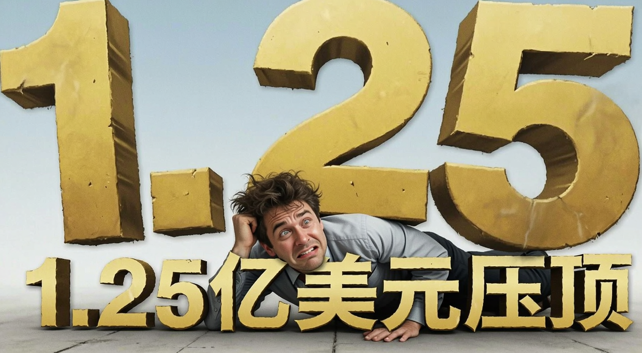 用“1.25亿美元压顶”的场景图,画面中一个普通人被巨大的金色数字1.25亿压住,表情无奈但努力在想办法,风格写实,带一点幽默感