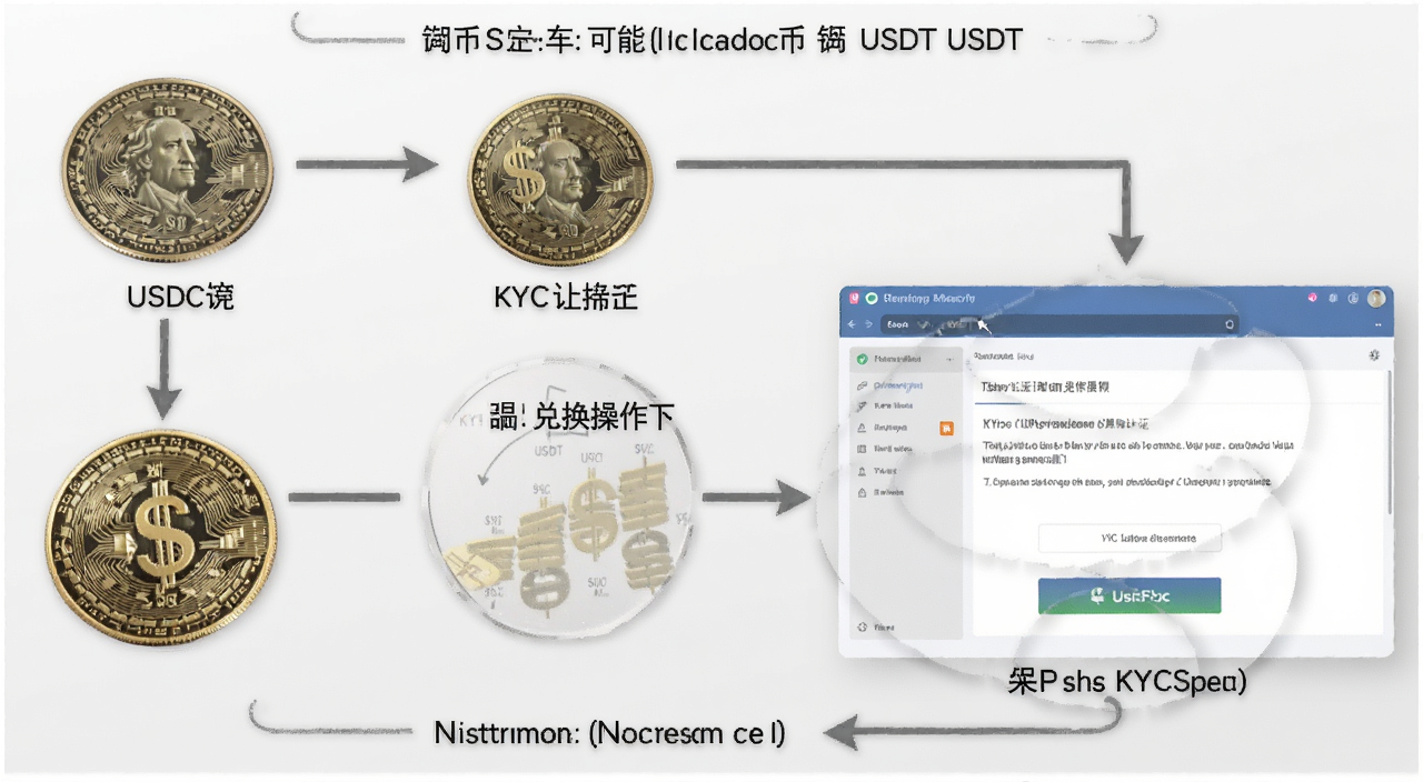 美元稳定币可能改善外汇准入的兑换流程图,包含USDT、USDC、KYC认证、外汇兑换操作界面,写实风格,标注关键步骤和注意事项