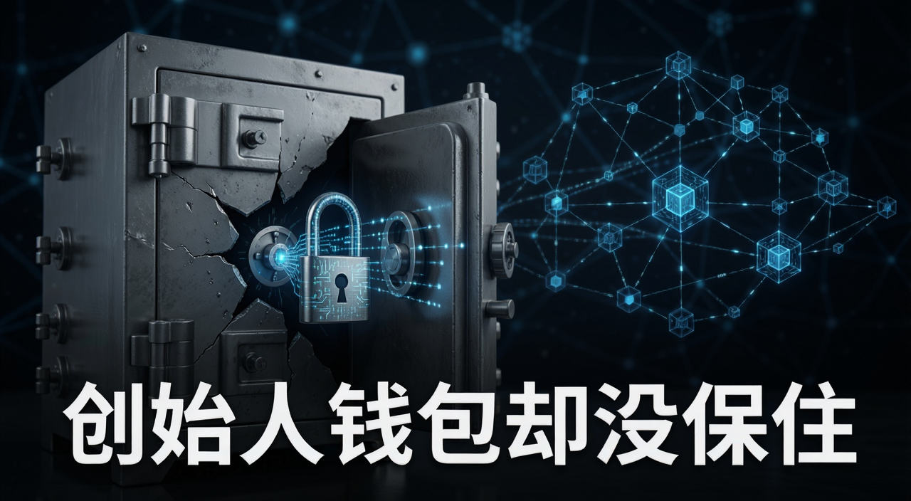 创始人钱包安全警示概念图,画面包含一个破裂的金属保险柜和数字锁,背景有区块链网络,风格写实,突出“创始人钱包却没保住”主题