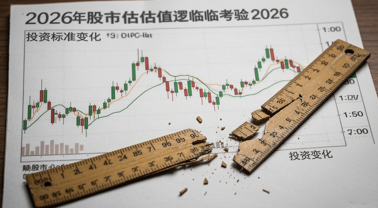 2026年股市估值逻辑面临严峻考验,K线图与破碎的尺子,象征投资标准变化,写实风格