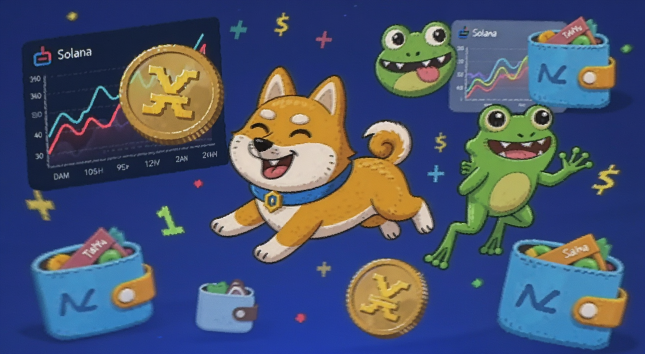 Solana生态掀起迷因热潮,卡通柴犬和青蛙形象的数字代币在Solana区块链网络上跳跃,周围有交易图表和钱包图标,色彩鲜艳的插画风格