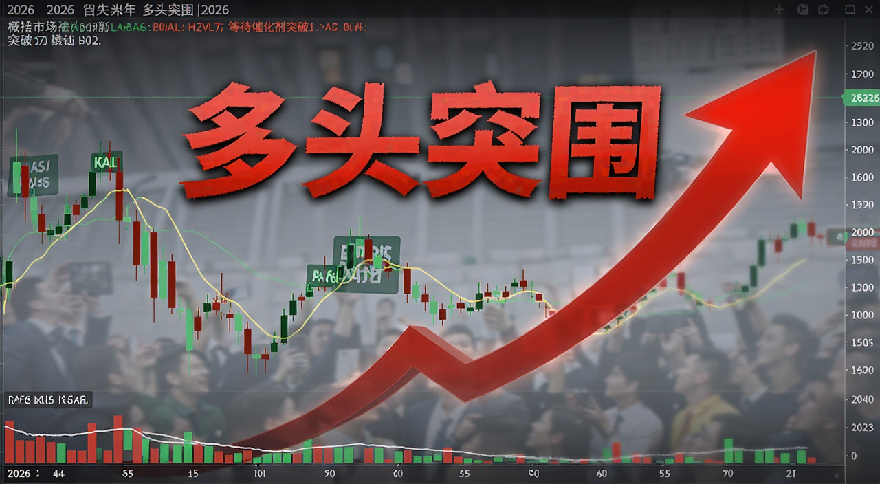 2026年多头突围的股市K线图与向上箭头,包含“多头突围”核心关键字,概括市场等待催化剂突破的紧张氛围