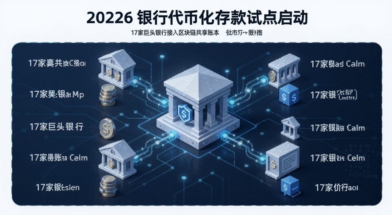 2026年银行代币化存款试点启动,17家巨头银行接入区块链共享账本,概念示意图