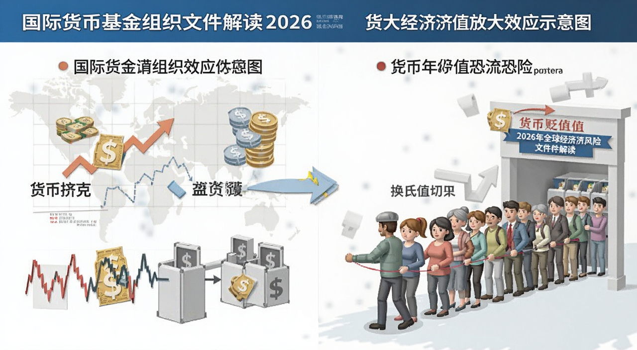 货币挤兑放大效应示意图,国际货币基金组织文件解读,2026年全球经济风险,货币贬值恐慌,百姓排队换汇场景