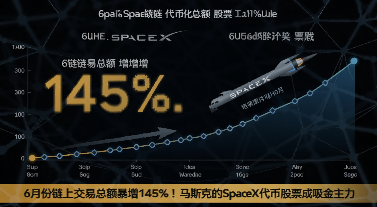 链上交易总额暴增145%的6月数据图表展示SpaceX代币化股票吸金主力趋势图,关键词用