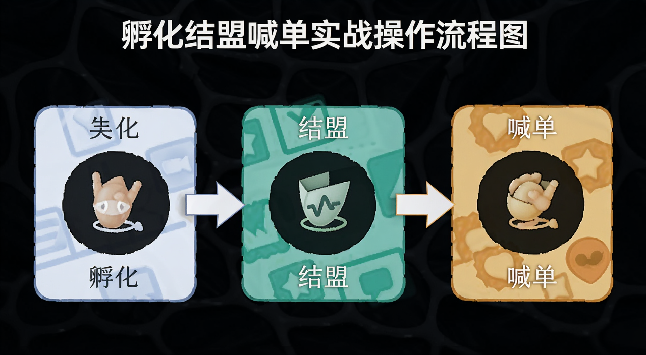 孵化结盟喊单实战操作流程图,包含孵化、结盟、喊单三个核心环节的视觉化展示,风格清晰易懂