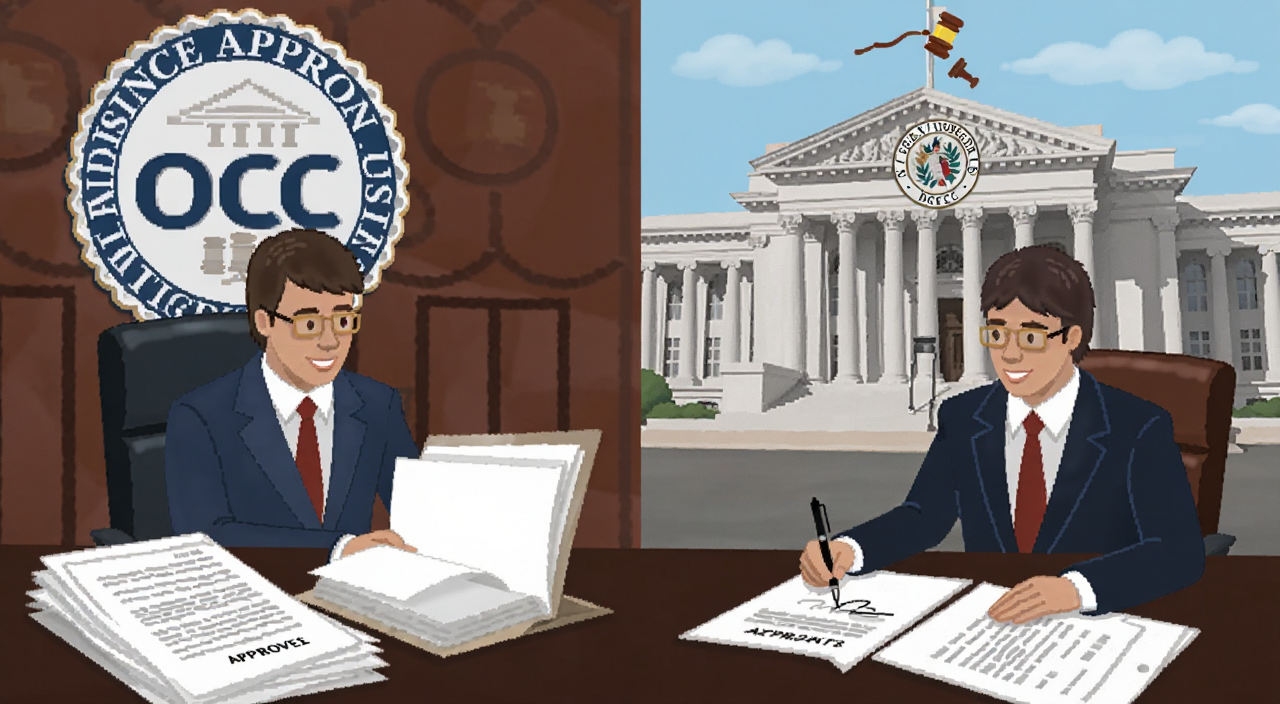 美国货币监理署有条件批准申请文件与办公场景插画,包含OCC标志,金融审批,文件签署,美国财政部大楼背景