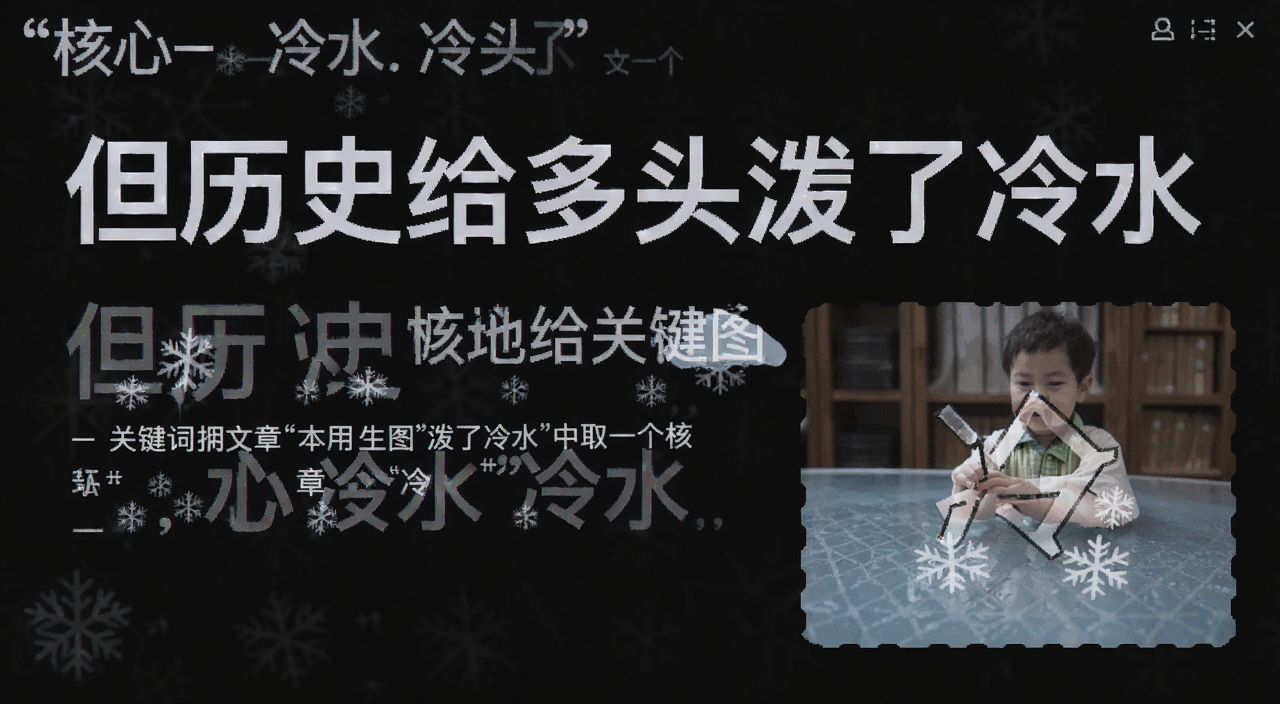 用于调用本地生图模型生成图片的提示词,关键词必须包含从“但历史给多头泼了冷水”中取一个核心关键字“冷水”,概括整篇文章全部内容,如果有文字你要用“号来注明