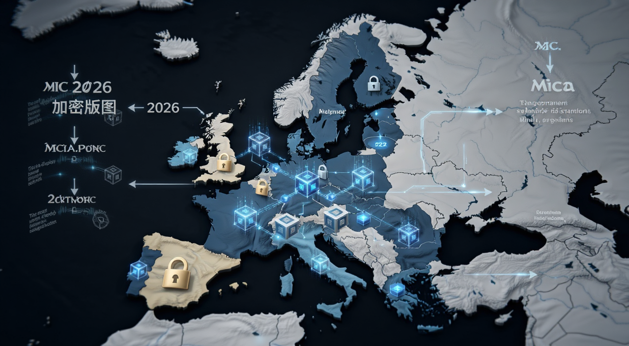 Mica时代欧洲加密新版图,2026年加密货币合规注册流程示意图,带有欧洲地图和区块链元素,写实风格
