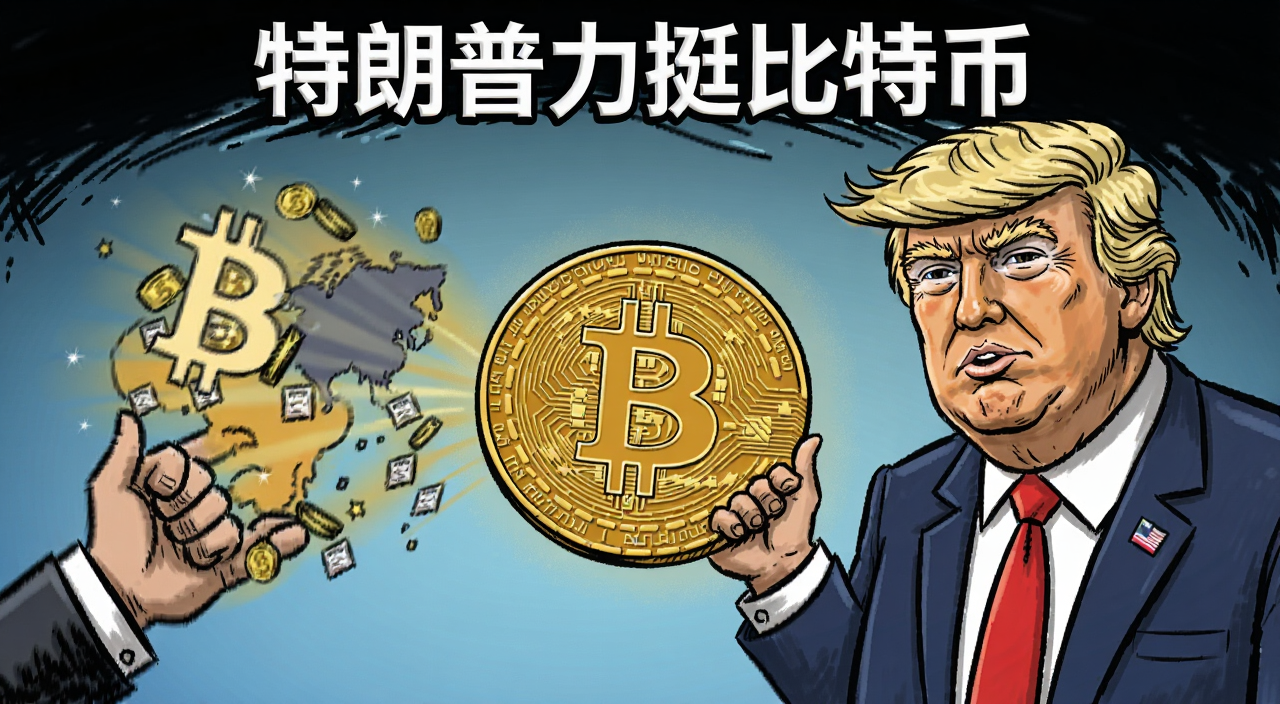 特朗普与比特币政治博弈漫画风格,核心关键字“特朗普力挺比特币”,画面展现特朗普与比特币标志互动,体现政治与加密货币的复杂关系