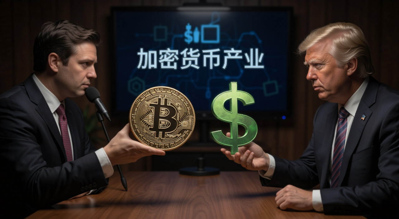 比特币与美元符号的博弈场景,核心关键字“加密货币产业”,体现特朗普家族从中获利的隐喻画面