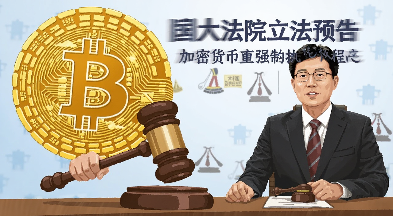 韩国大法院立法预告:加密货币资产首度纳入强制执行程序的正式规范,法官落槌与比特币标志结合的新闻插画