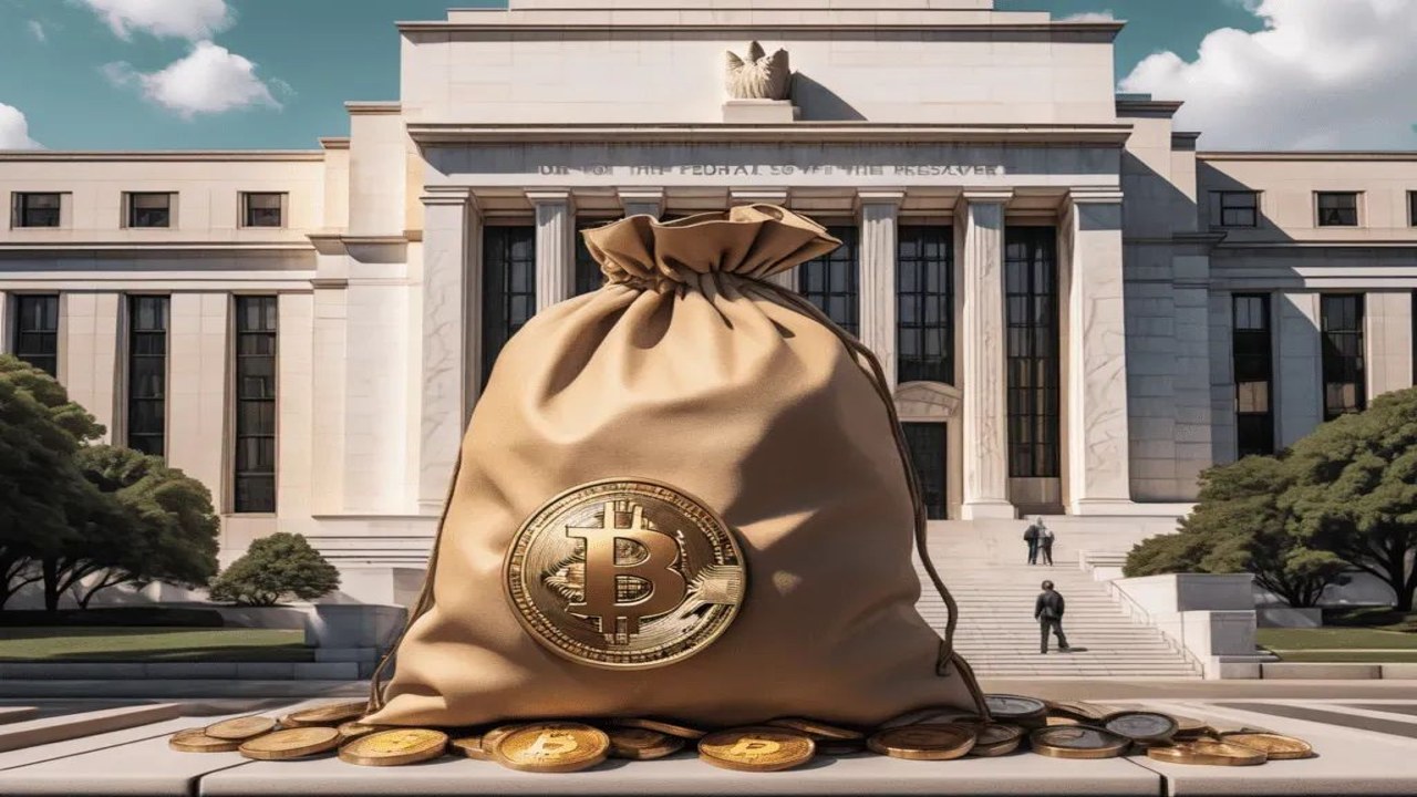 美国财政部大楼与比特币图案合成图,核心关键字为比特币储备,象征政府持有