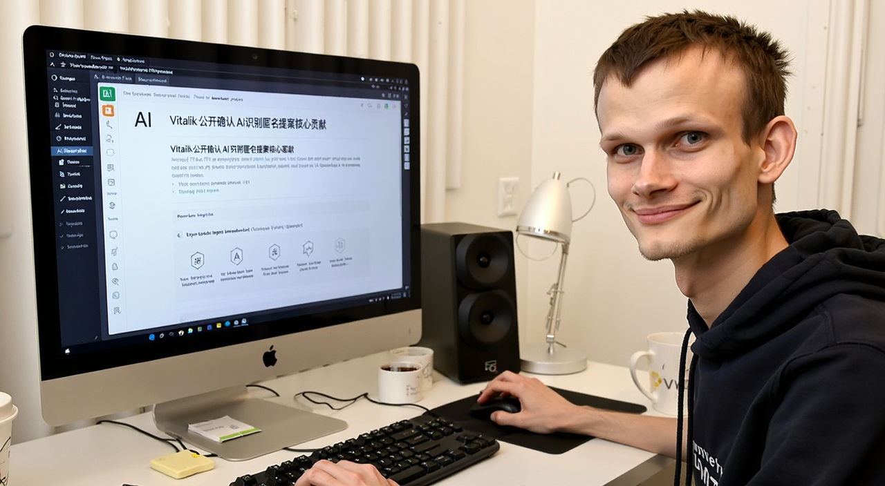 一张Vitalik Buterin在电脑前微笑,屏幕上显示AI识别出匿名ETH提案的界面,关键词“Vitalik公开确认 AI识别匿名提案核心贡献”