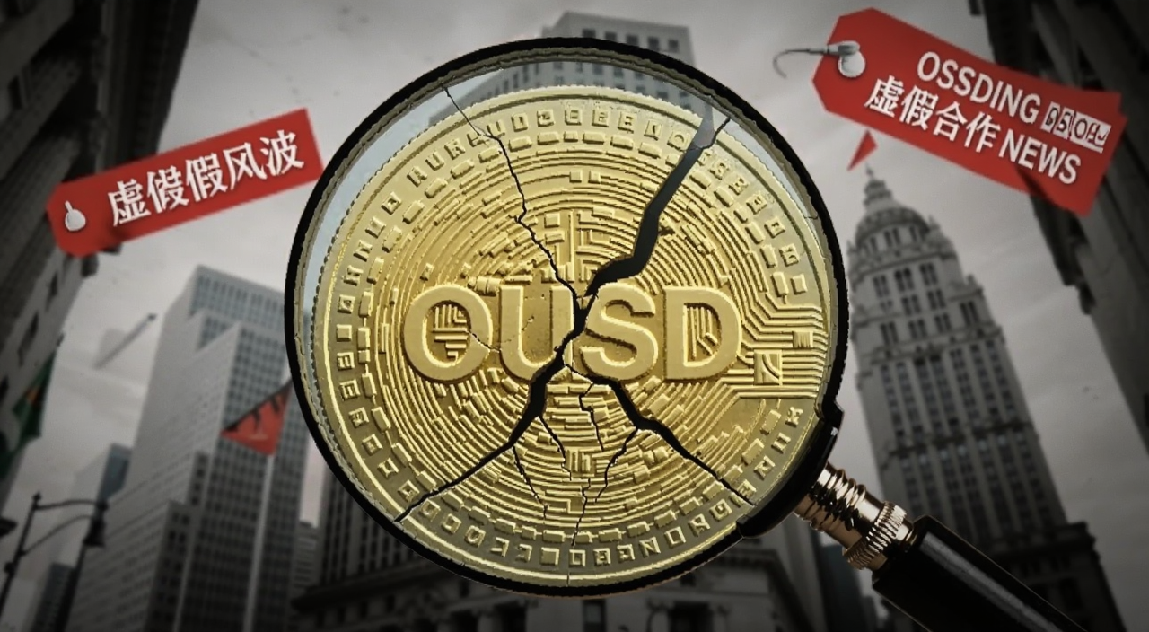OUSD假合作风波新闻头条配图,画面中心是一个巨大的金色OUSD硬币被放大镜照出裂痕,背景是模糊的华尔街大楼剪影和红色的虚假新闻标签,风格写实,带警示氛围