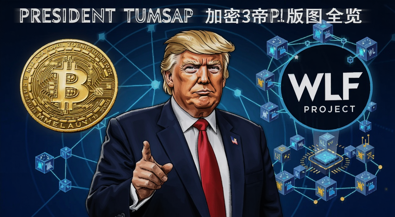 总统特朗普的加密帝国版图全览插画,包含比特币、MELANIA币、WLF项目标志、区块链网络元素