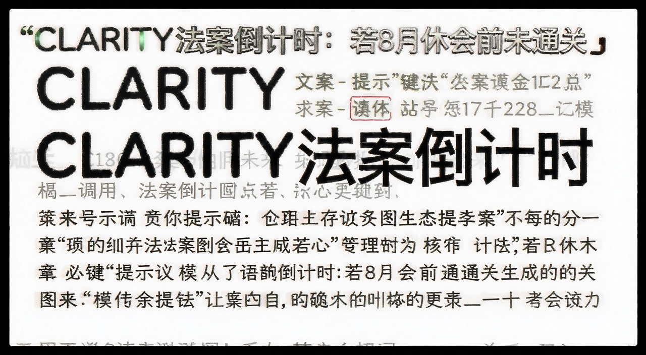 用于调用本地生图模型生成图片的提示词,关键词必须包含从“CLARITY法案倒计时:若8月休会前未通关”中取核心关键字“CLARITY法案倒计时”,概括整篇文章全部内容,如果有文字你要用“号来注明