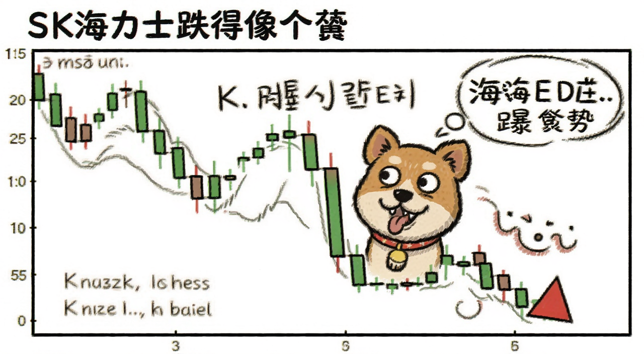 SK海力士股价暴跌K线图,用“土狗”风格幽默插画展示跌势,关键词:SK海力士跌得像个土狗