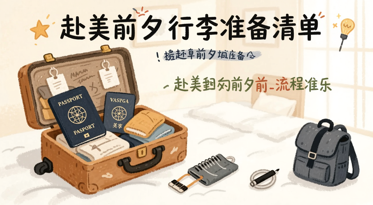 赴美前夕行李准备清单插画,包含护照签证和行李箱,概括赴美前夕全流程准备
