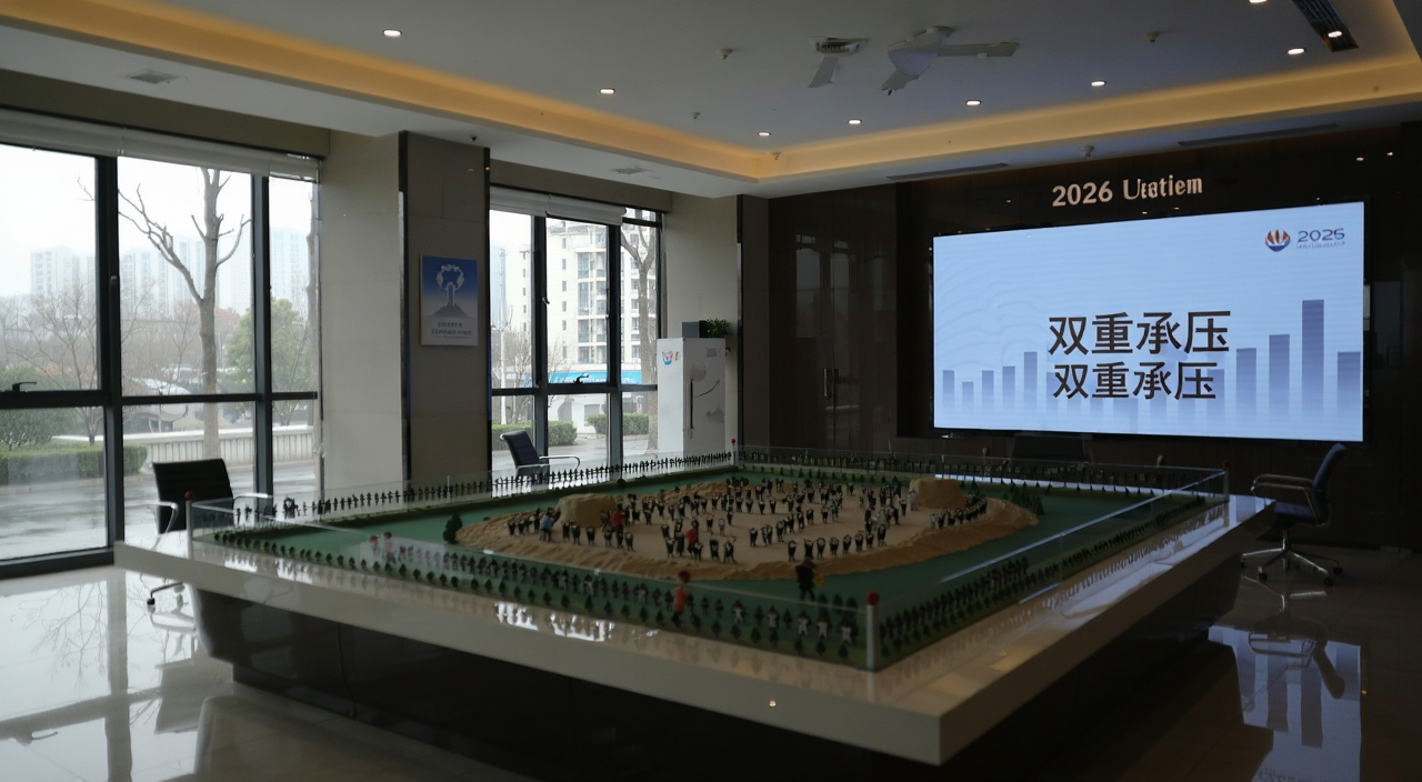 2026年楼市双重承压下的售楼处冷清场景,用“双重承压”作为画面核心,展示空荡荡的售楼处和沙盘,写实风格